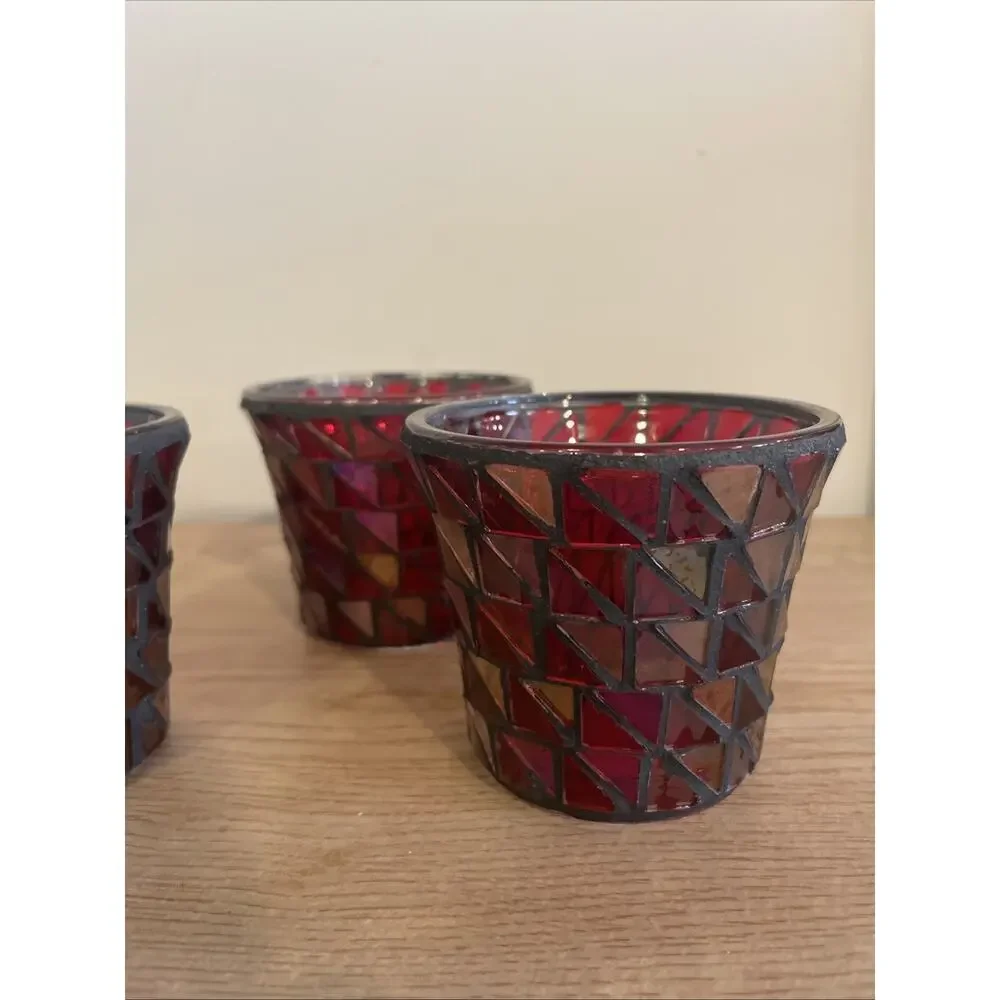 (Set of 4) VTG 2.75” H Pier 1 Red/Gray Mosaic Tea Light Votive Candle Holders